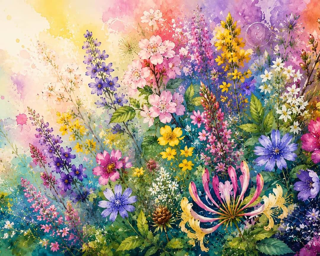 Watercolor painting of many wildflowers in bloom, layered in bright pink, purple, yellow, and blue